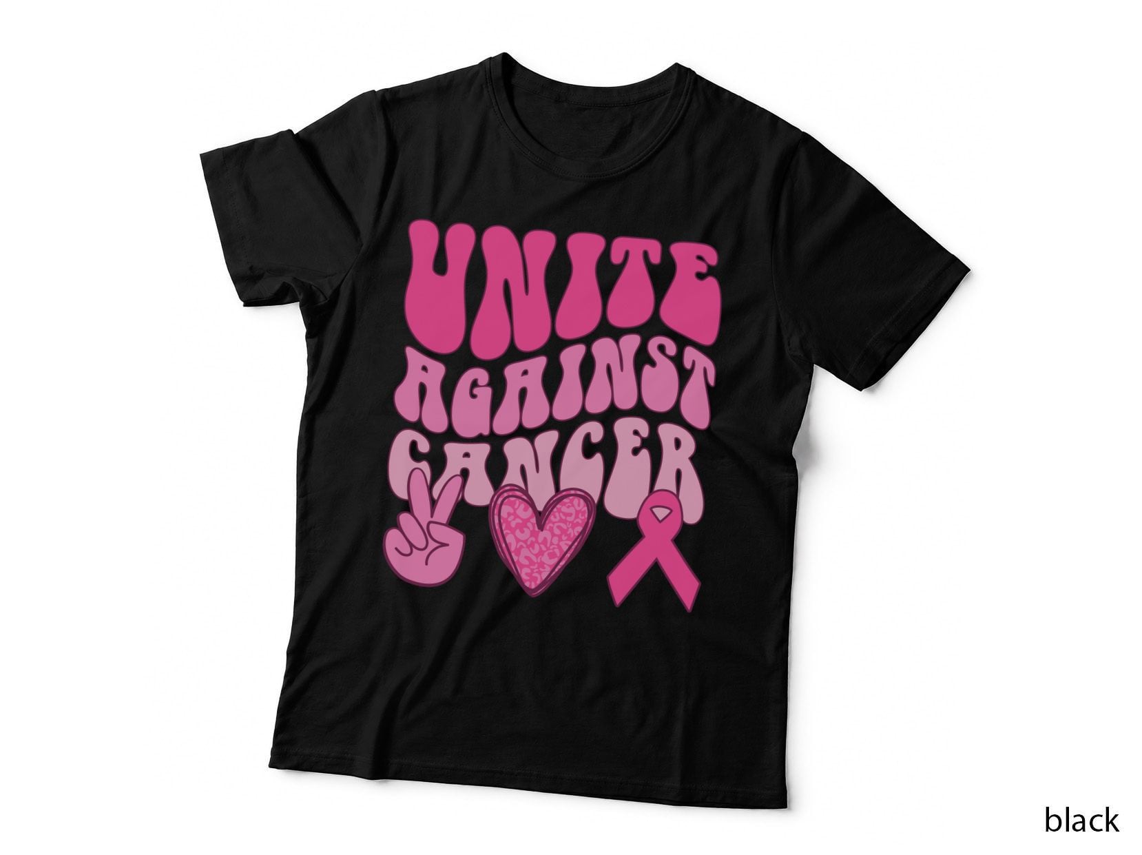 Unite Against Cancer Breast Cancer T-Shirt, Pink Ribbon Heart Peace Sign