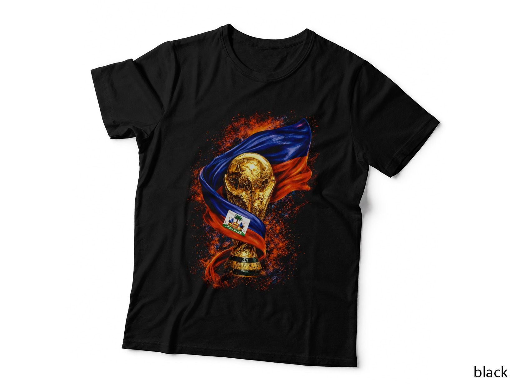 World Cup Trophy with Haiti Flag Gold Blue and Red with White Coat of T-Shirt