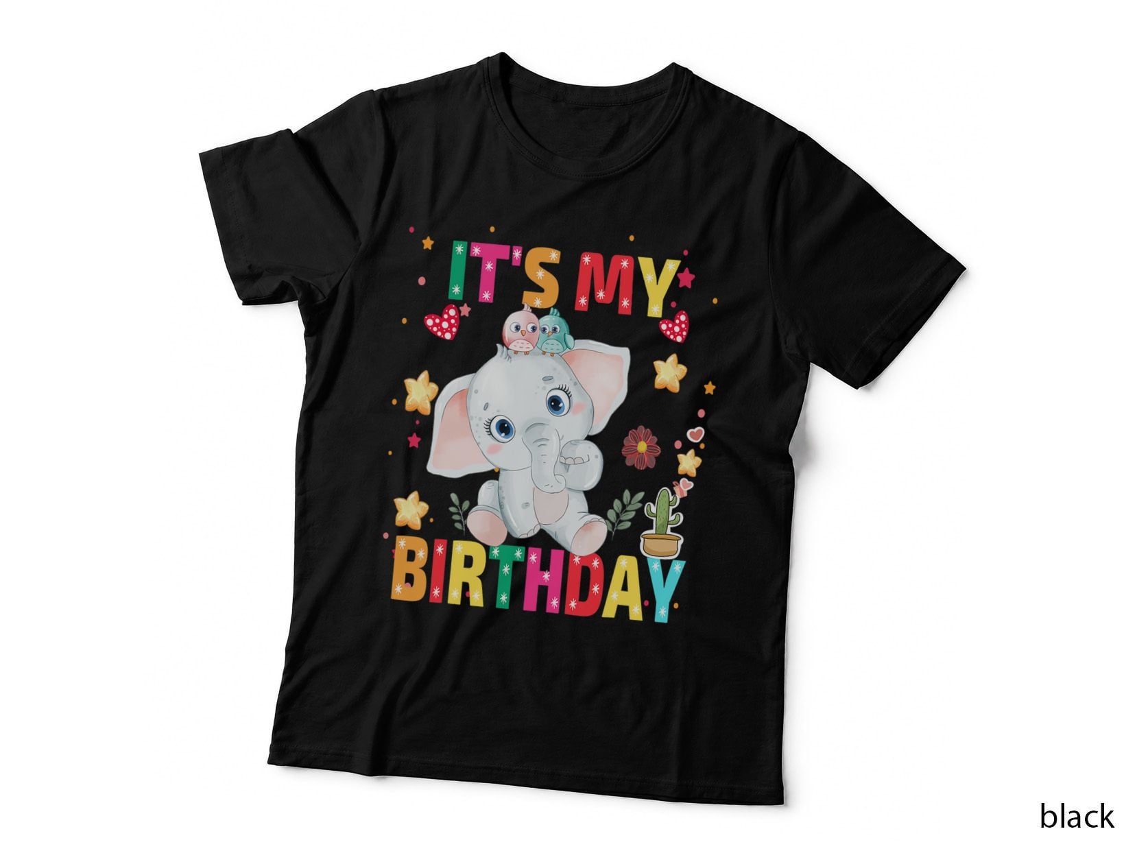 It Is My Birthday Tee, Watercolor Baby Elephant Birds Stars, Kids Girls Party