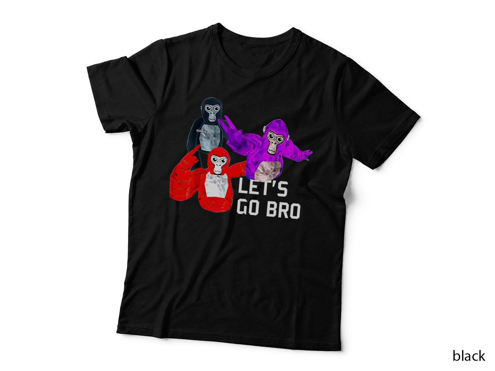 Lets Go Bro Tee, Red Purple Black Vr Gorillas Cartoon, Gorilla Tag Boys Birthday