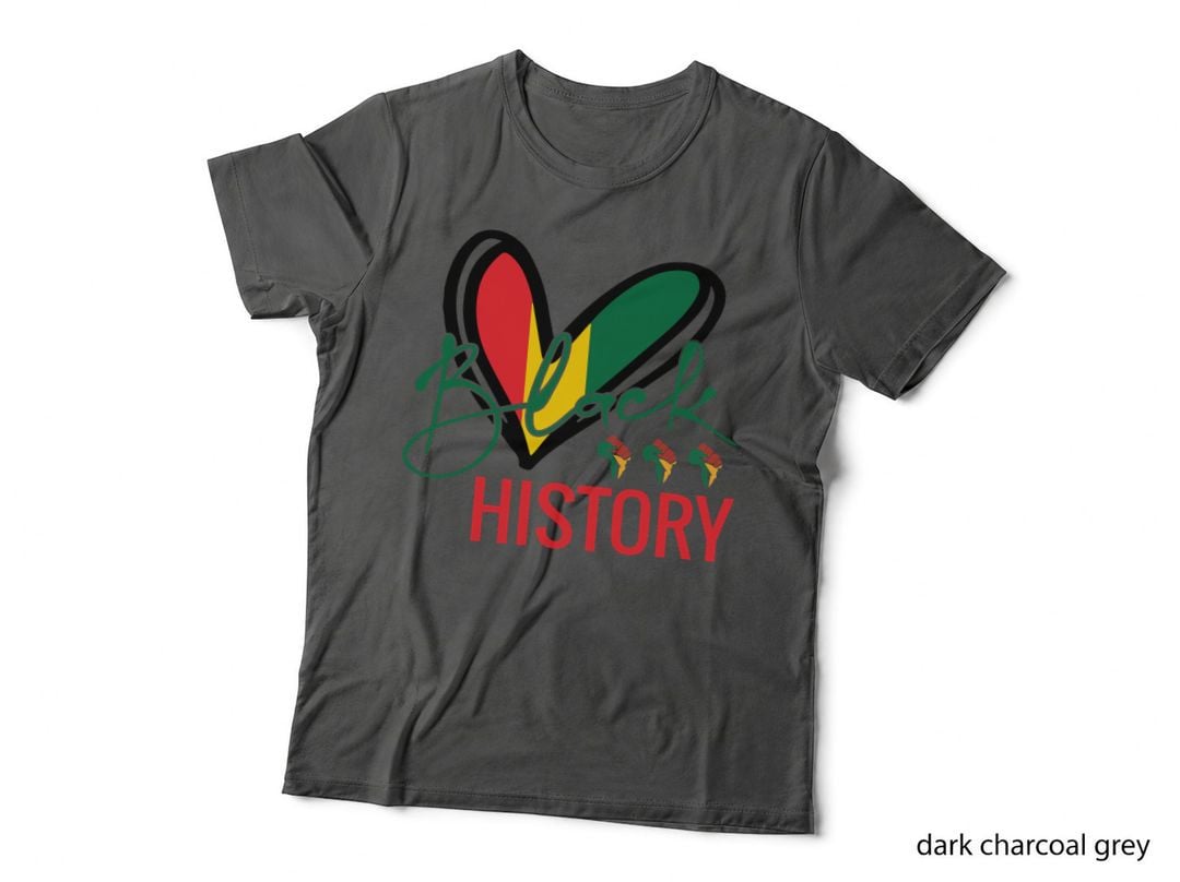 Black History Black History Month T-Shirt, Heart-Shaped Flag with Fists Graphic