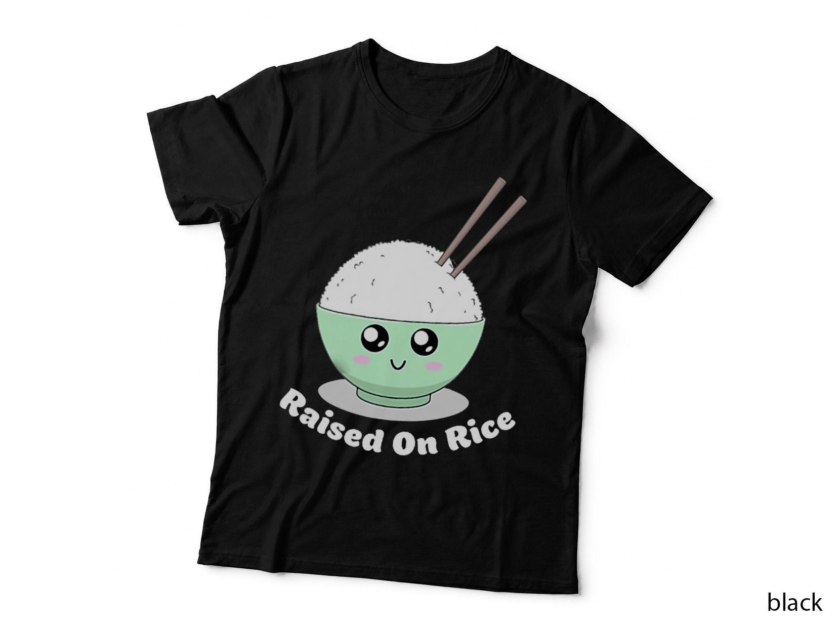 Cute Raised on Rice Bowl Chopstick Asian Food Culture Pocket T-Shirt