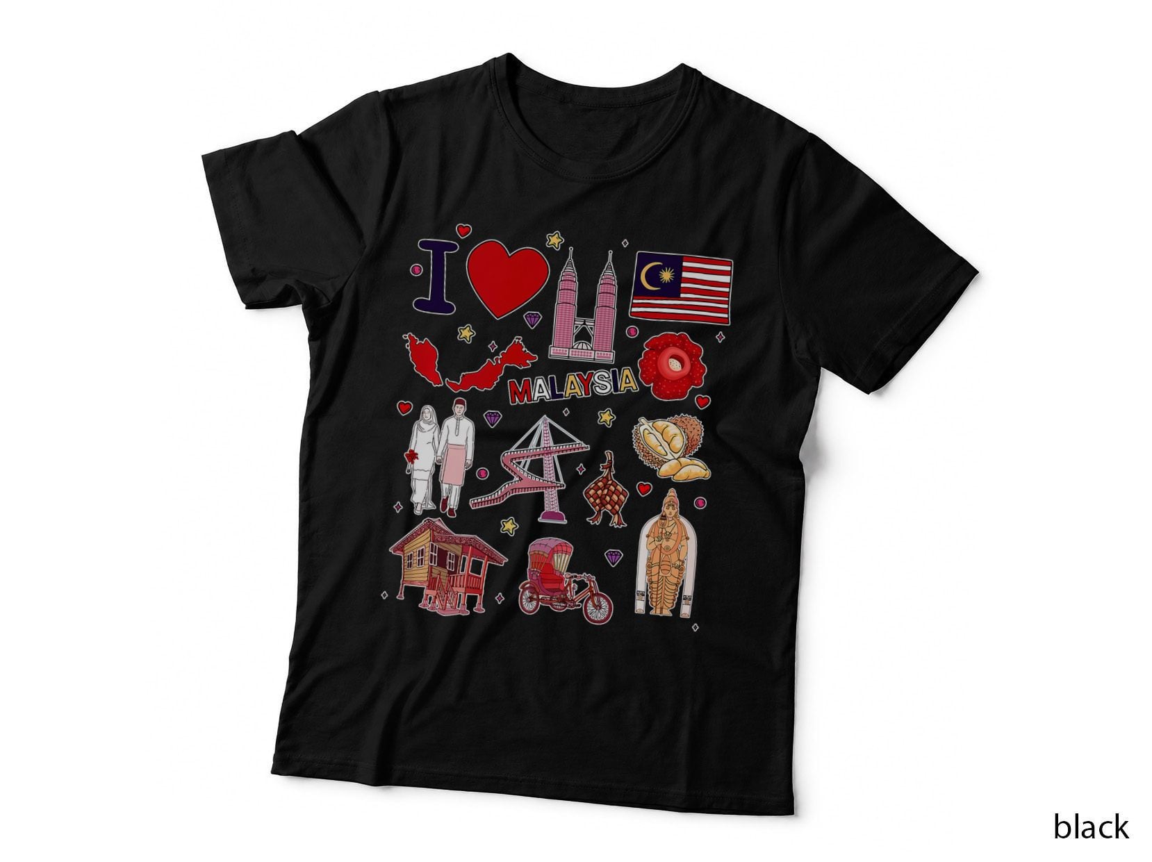 Malaysian Hand Drawn Landmarks Malaysia Map Culture Icons, Graphic T-Shirt