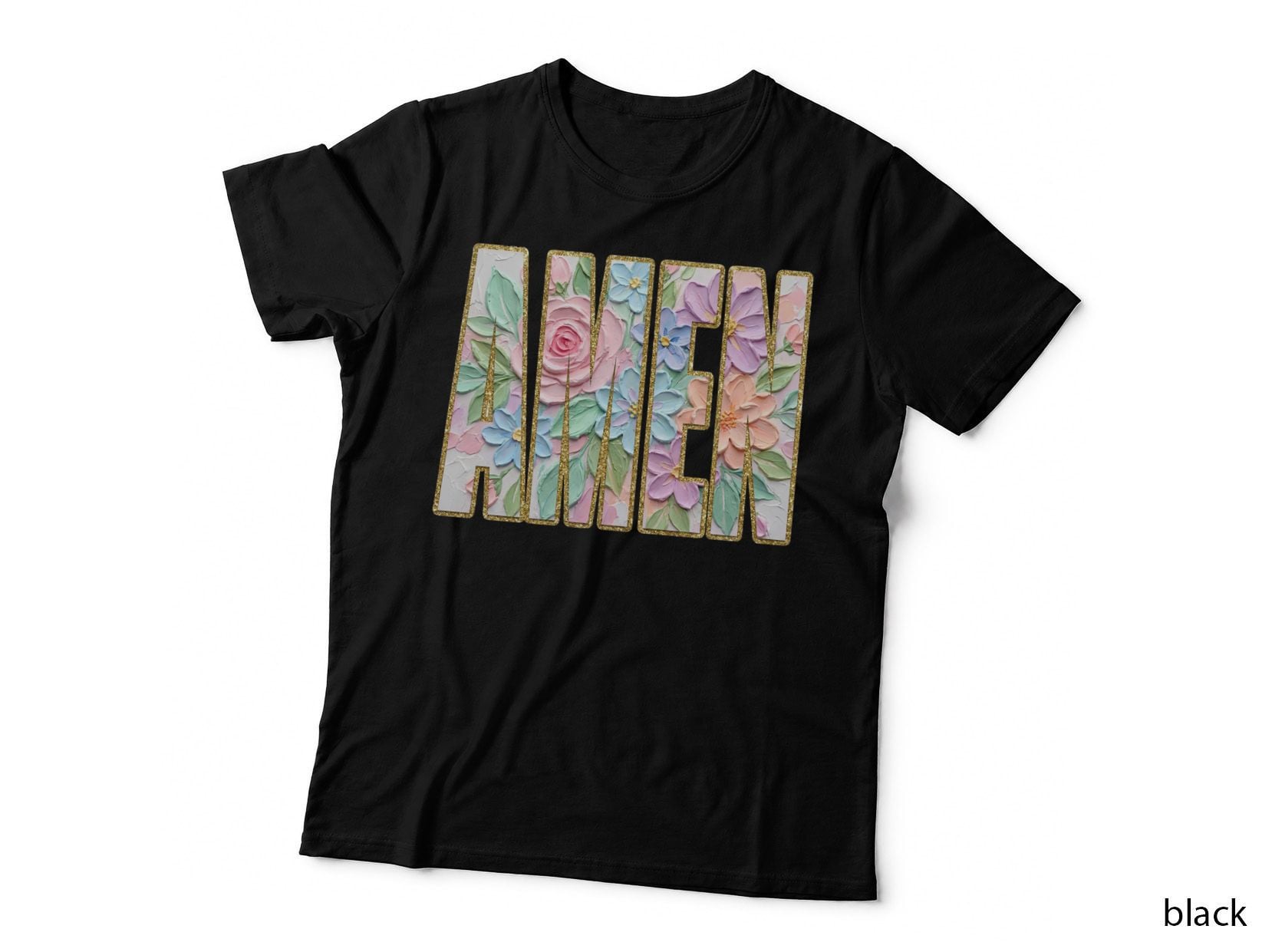 Amen Christian T-Shirt, Floral Glitter Letters on T-Shirt Graphic Tee