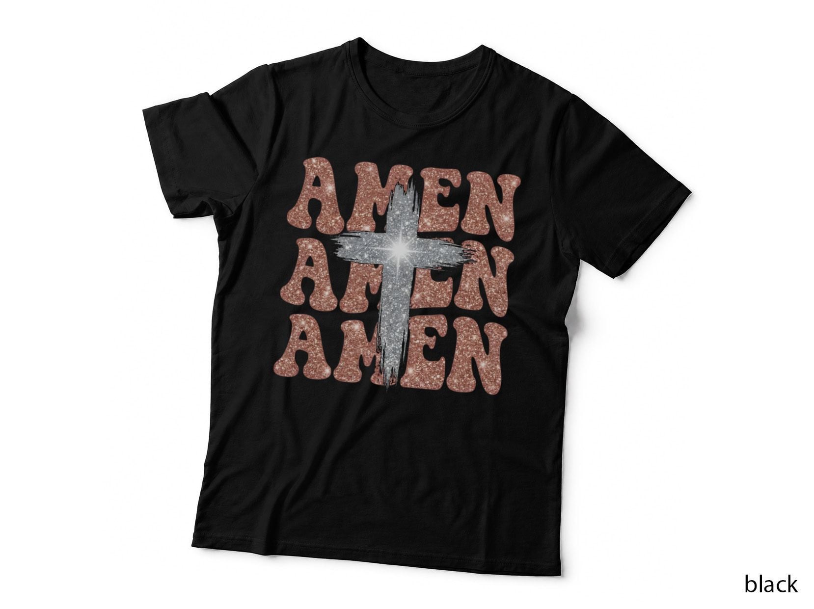 Amen Christian T-Shirt, Glittery Cross with Repeating Amen Graphic Tee