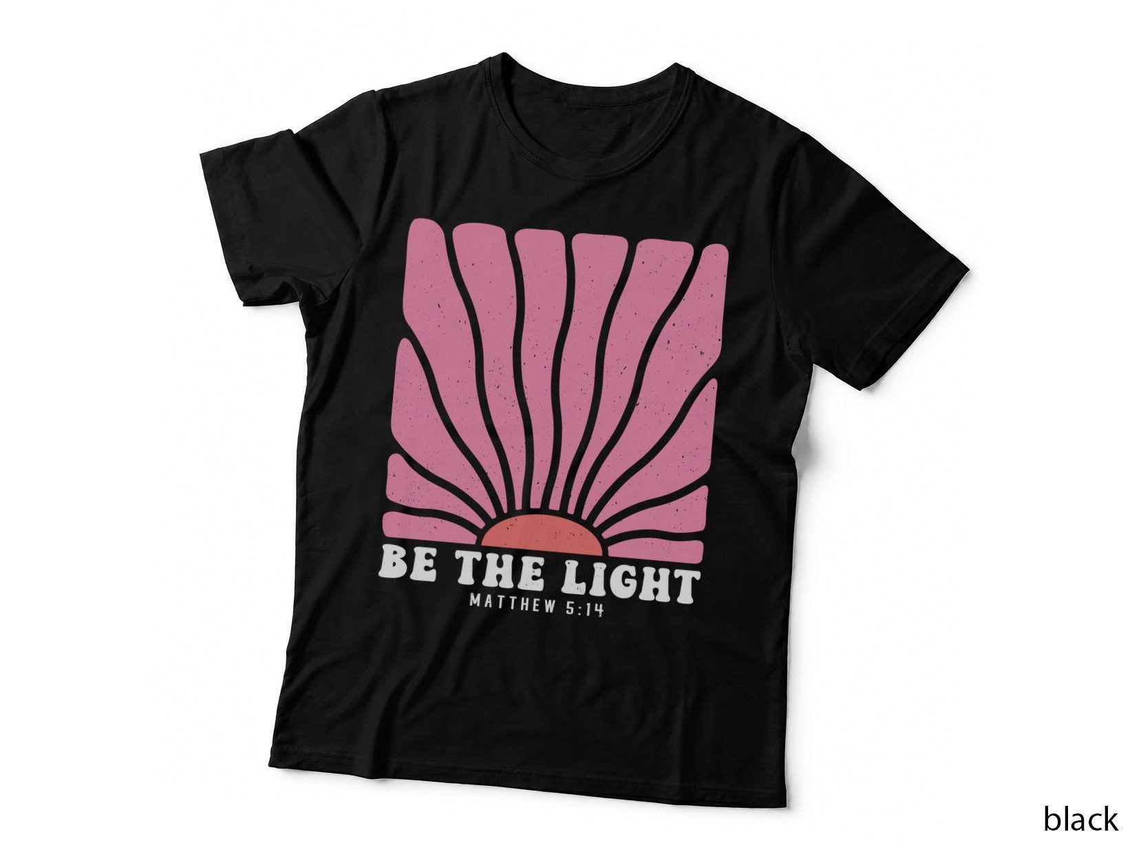 Be the Light Matthew 5 14 Christian T-Shirt, Pink Sunburst with Gray Lines