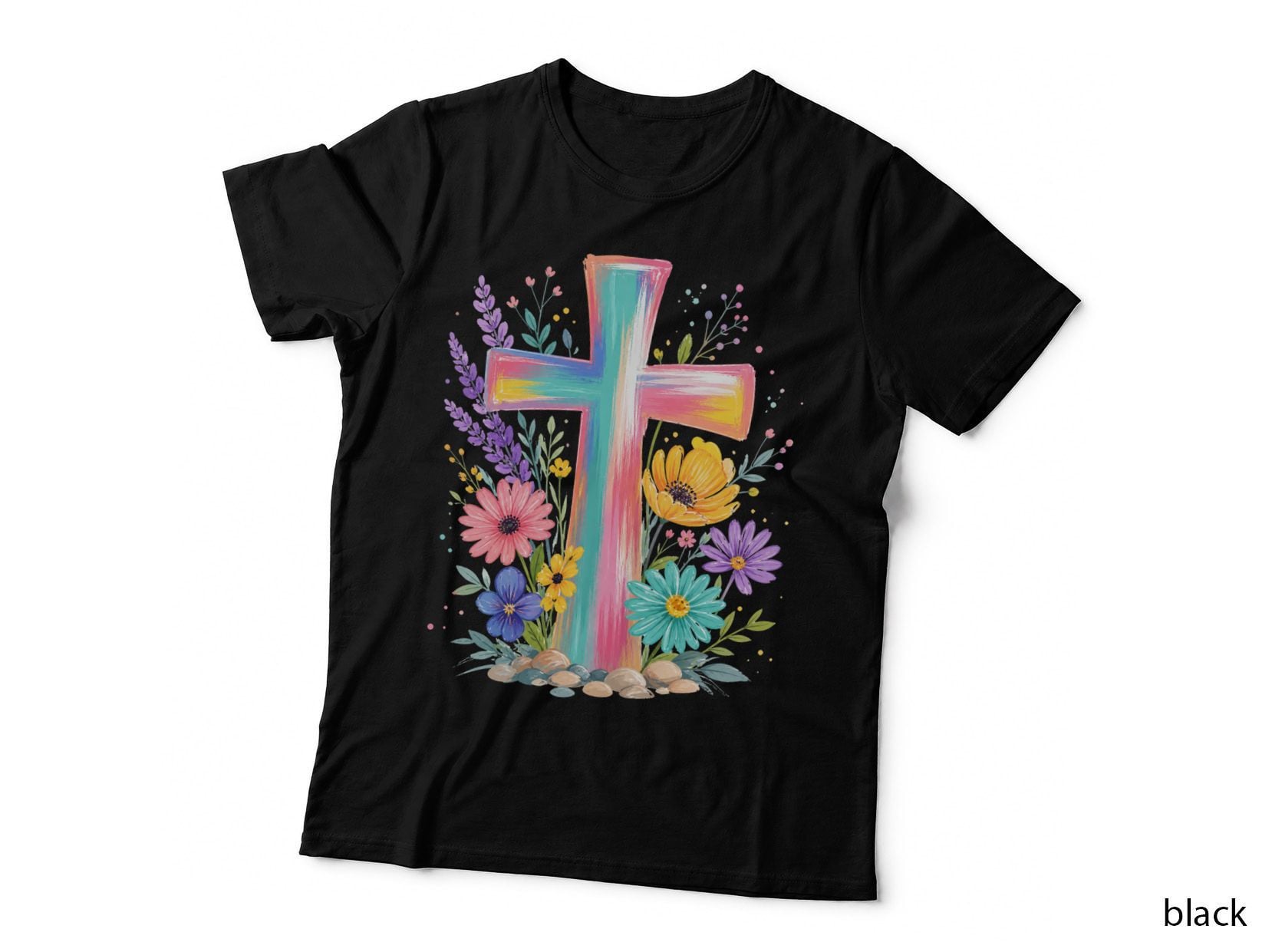 Colorful Floral Cross with Rocks Christian T-Shirt, Christian Graphic Tee