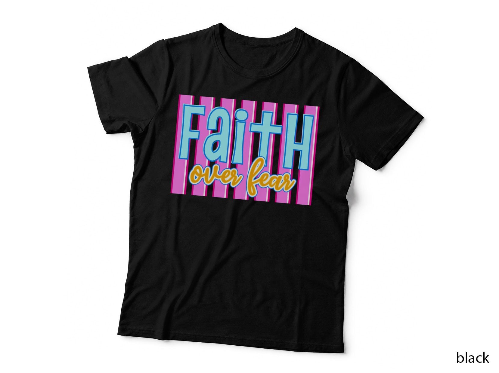 Faith Over Fear Christian T-Shirt, Pink Striped Background with Bold Graphic