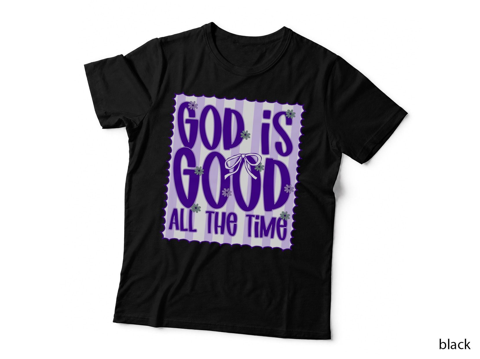 God Is Good All the Time Christian T-Shirt, Purple Floral Stripes Graphic Tee