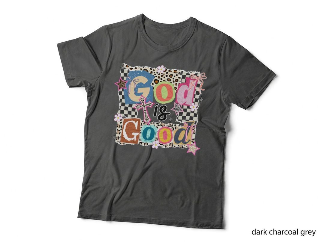 God Is Good Christian T-Shirt, Colorful Collage with Animal Print Graphic Tee