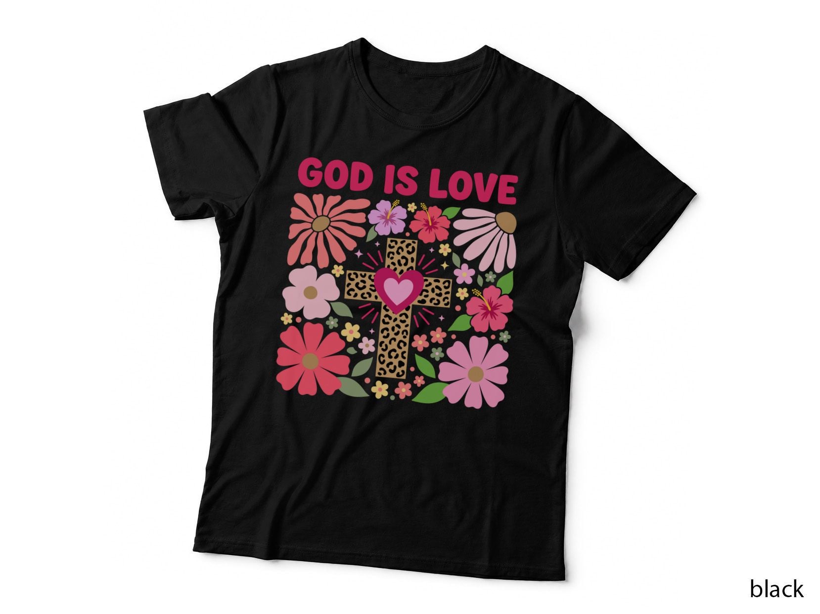 God Is Love Christian T-Shirt, Floral Cross with Heart Graphic Tee