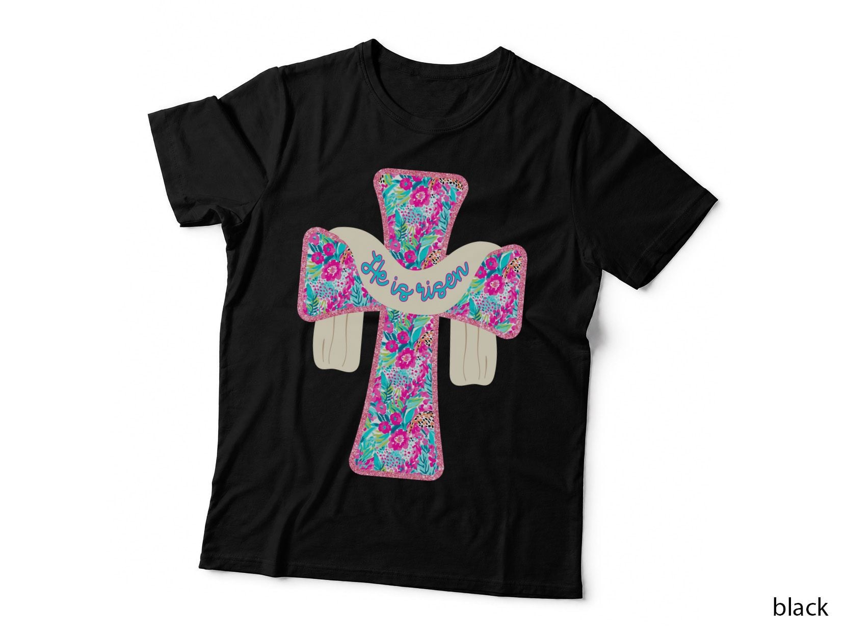 He Is Risen Christian T-Shirt, Floral Cross with Glitter Accents Graphic Tee