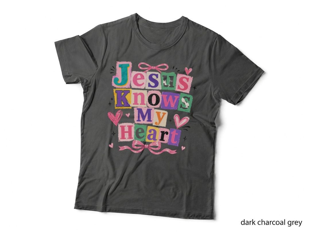 Jesus Knows My Heart Christian T-Shirt, Colorful Blocks with Hearts Graphic Tee