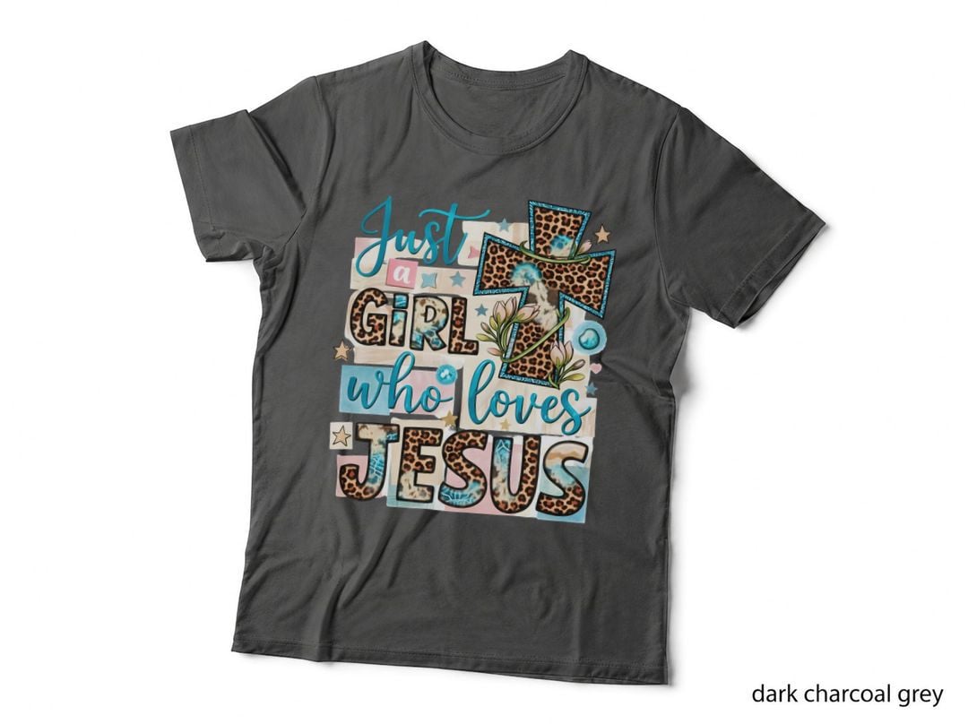 Just a Girl Who Loves Jesus Christian T-Shirt, Leopard Print Cross Floral Stars