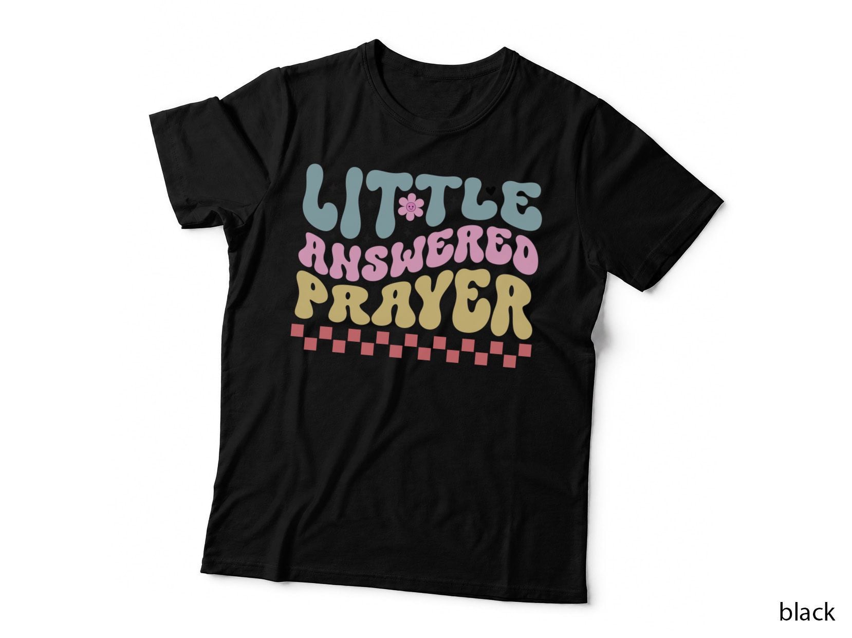 Little Answered Prayer T-Shirt, Pastel Floral Pattern with Checkered Graphic