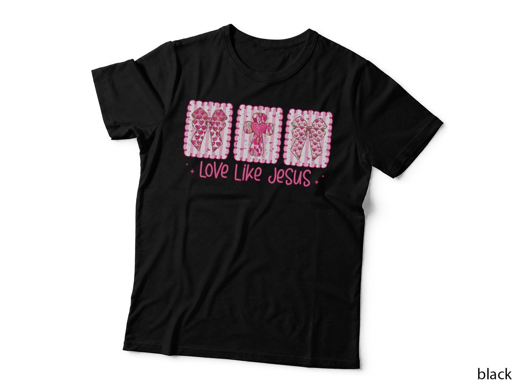 Love Like Jesus Christian T-Shirt, Pink Hearts Bows Cross Graphic Tee