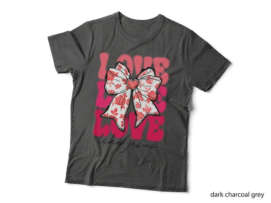 Love Like Jesus Coral Text Rose Pattern Bow Religious T-Shirt