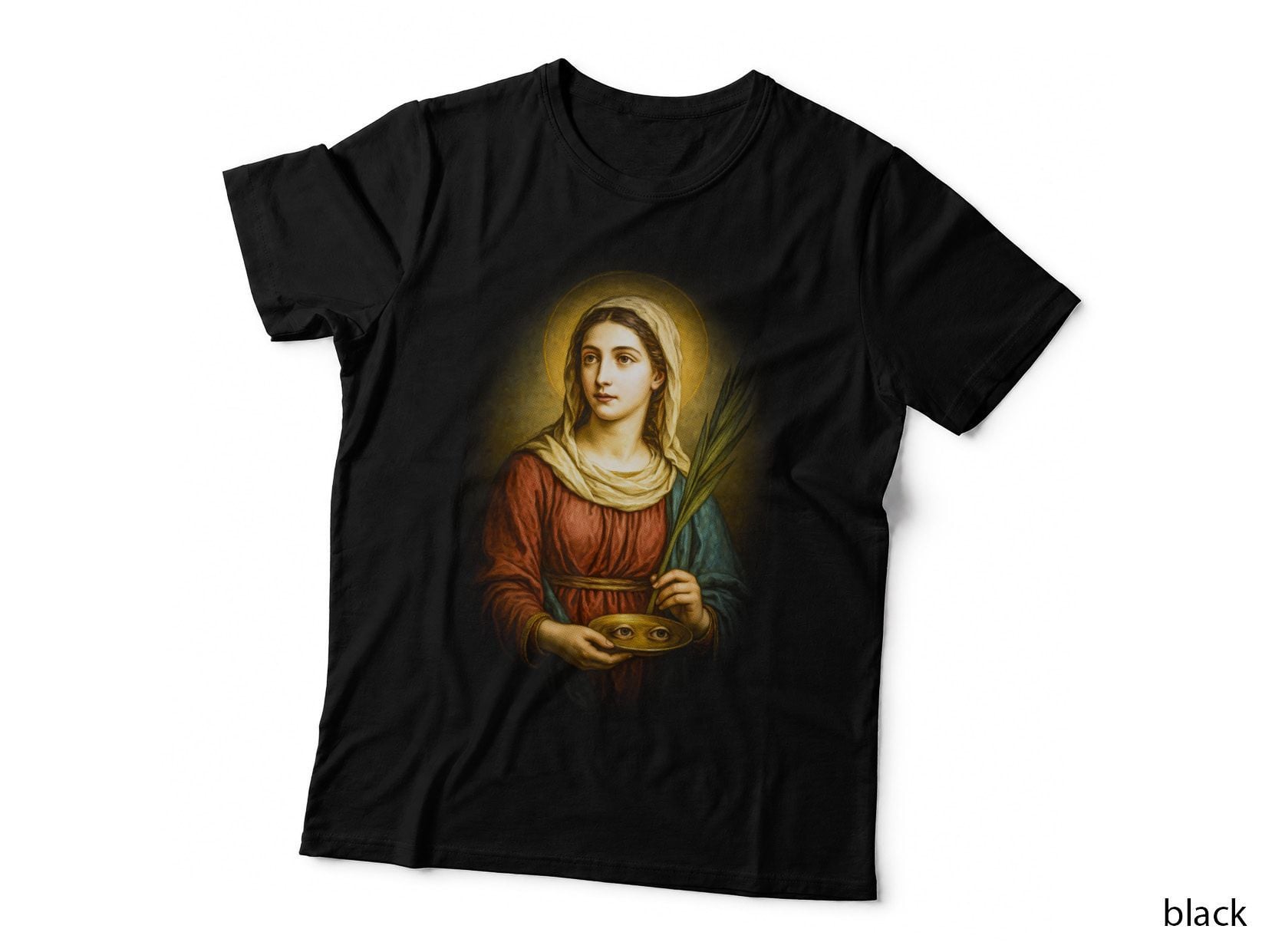 Saint Lucy T-Shirt, Halftone Martyr Saint Palm Graphic Tee