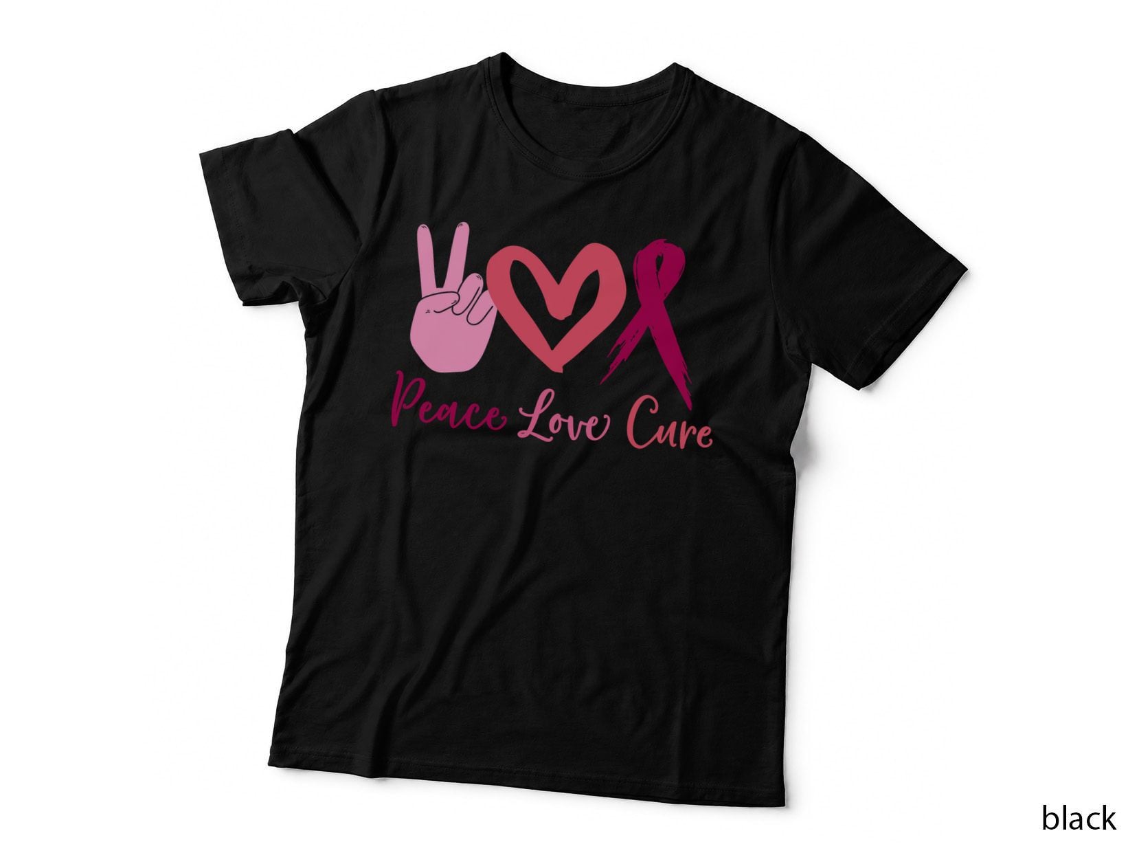 Peace Love Cure Breast Cancer T-Shirt, Pink Peace Sign with Heart and Graphic