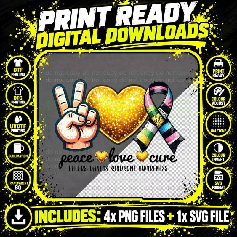 Peace Love Cure Ehlers-Danlos Syndrome Awareness Down Png SVG Digital Bundle