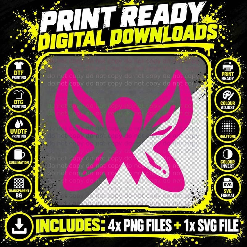 Pink Butterfly Ribbon Breast Cancer T-Shirt Png SVG Digital Bundle