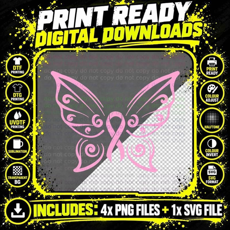Pink Butterfly with Ribbon Breast Cancer Design T-Shirt Png SVG Digital Bundle