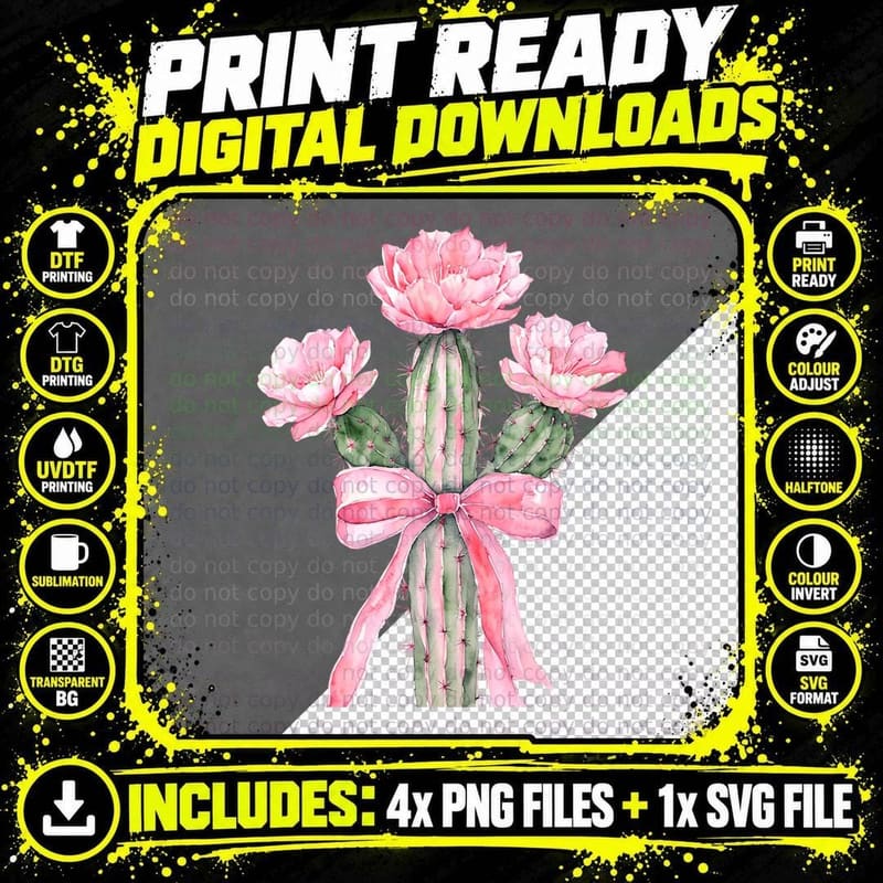 Pink Cactus with Flowers and Ribbon Western T-Shirt Png SVG Digital Bundle