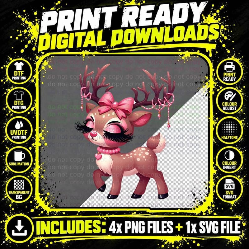 Pink Deer Bow Red Ribbon Hearts Flowers T-Shirt Png SVG Digital Bundle