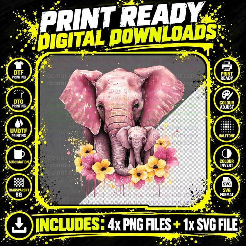 Pink Elephants Surrounded by Flowers Breast Cancer Png SVG Digital Bundle