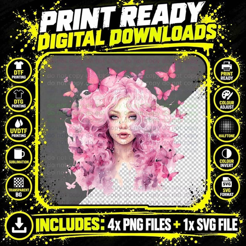 Pink Hair Butterflies Fantasy Art Breast Cancer T-Shirt Png SVG Digital Bundle