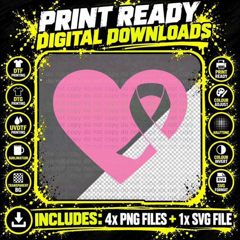 Pink Heart with Ribbon Breast Cancer T-Shirt Png SVG Digital Bundle