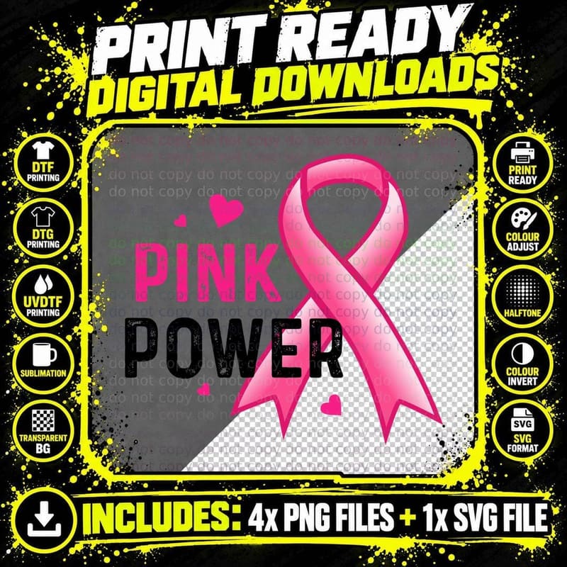 Pink Power Breast Cancer T-Shirt, Pink Ribbon Breast Png SVG Digital Bundle