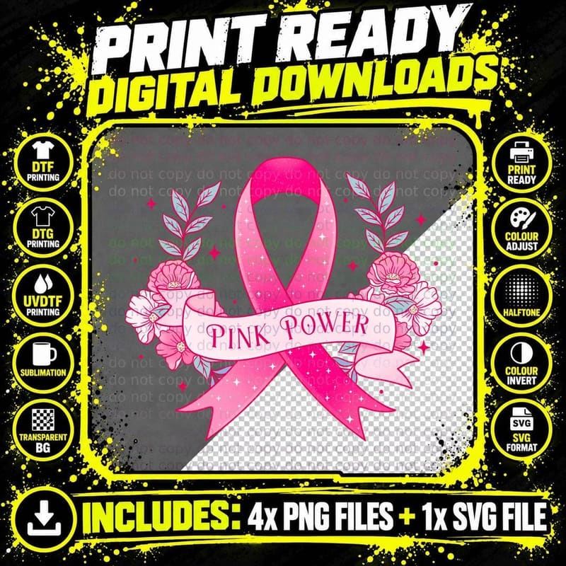 Pink Power Breast Cancer T-Shirt, Pink Ribbon with Png SVG Digital Bundle