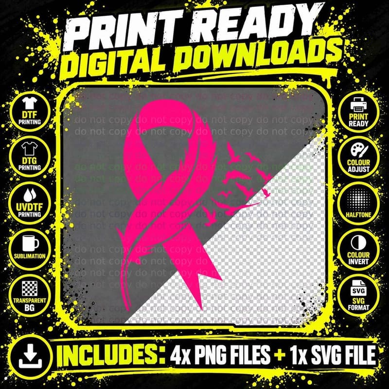 Pink Ribbon Birds Flying Breast Cancer T-Shirt Png SVG Digital Bundle