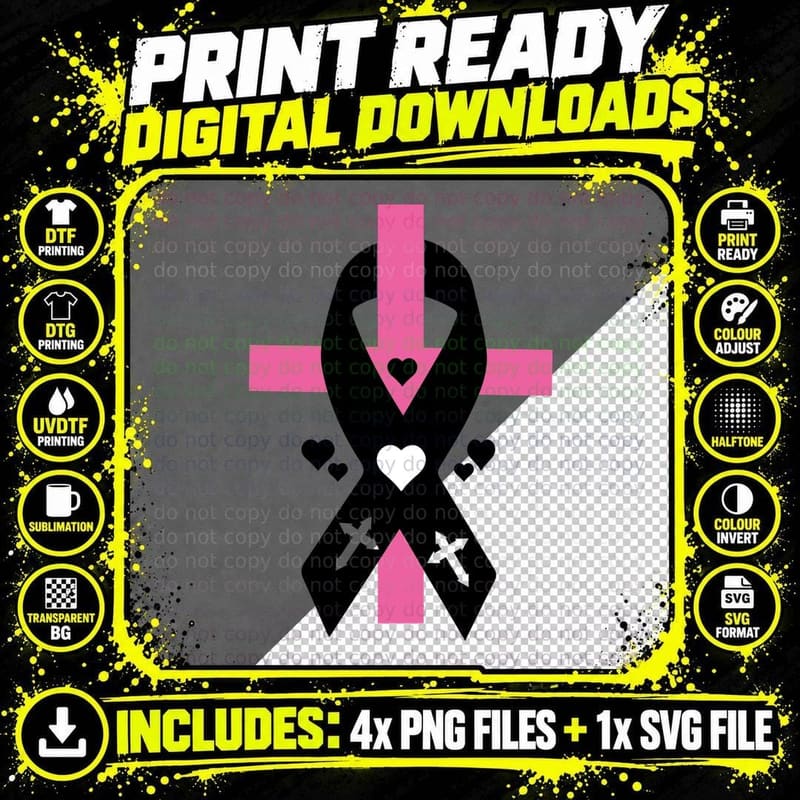 Pink Ribbon Cross Hearts Breast Cancer T-Shirt Png SVG Digital Bundle