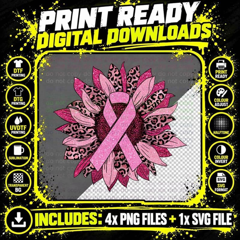 Pink Ribbon Leopard Feathers Breast Cancer T-Shirt Png SVG Digital Bundle
