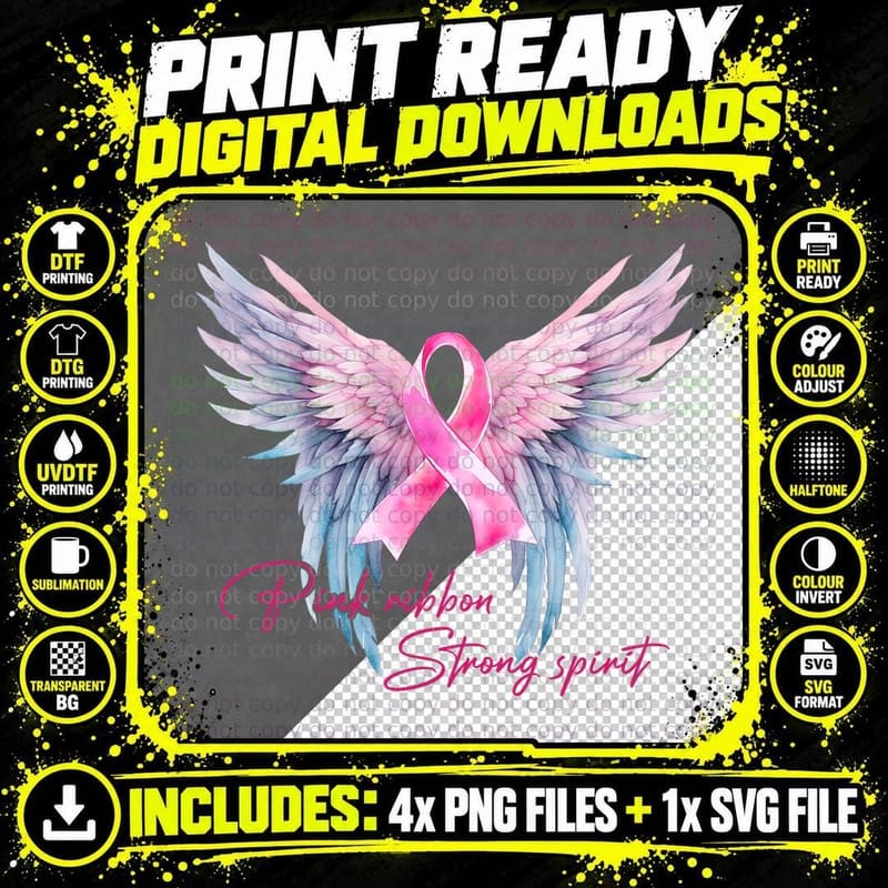 Pink Ribbon Strong Spirit Breast Cancer T-Shirt Png SVG Digital Bundle