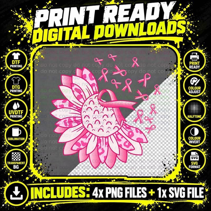 Pink Ribbon Sunflower Breast Cancer Awareness Breast Png SVG Digital Bundle