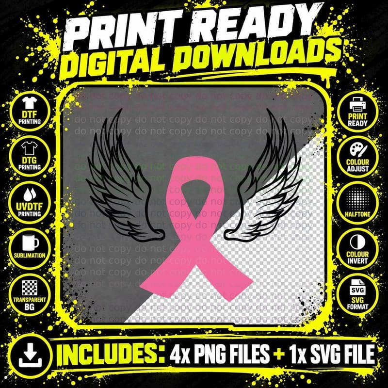 Pink Ribbon Wings on Gray Background Breast Cancer Png SVG Digital Bundle
