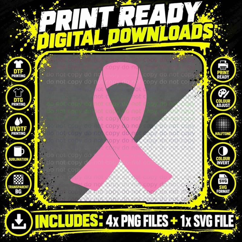 Pink Ribbon on Gray Background Breast Cancer Design Png SVG Digital Bundle