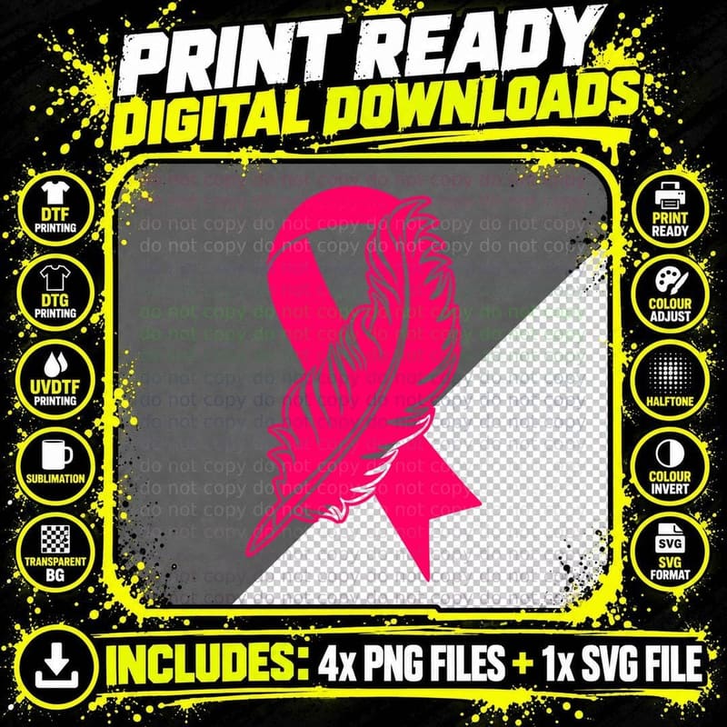 Pink Ribbon with Feather Breast Cancer T-Shirt Png SVG Digital Bundle