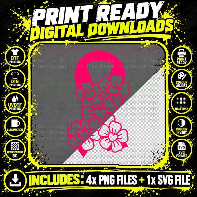 Pink Skull with Floral Pattern Breast Cancer T-Shirt Png SVG Digital Bundle