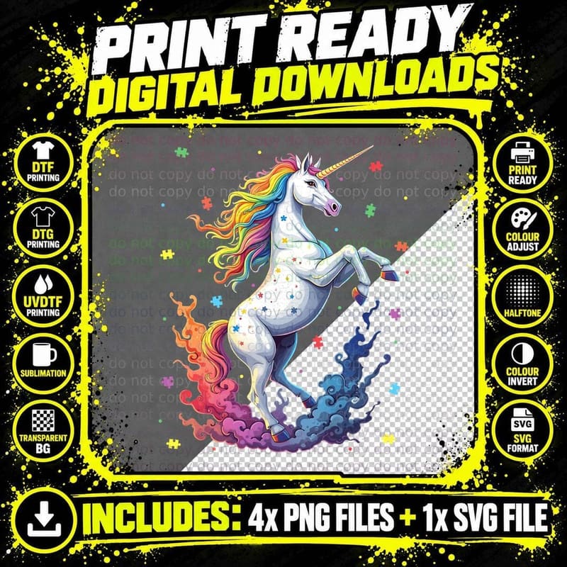Rainbow Unicorn in Flames Autism T-Shirt Png SVG Digital Bundle