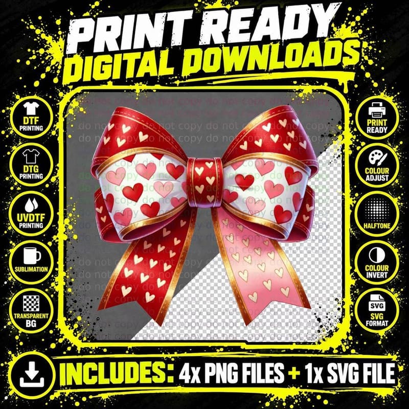Red Gold Bow Gradient Heart Ribbon T-Shirt Png SVG Digital Bundle