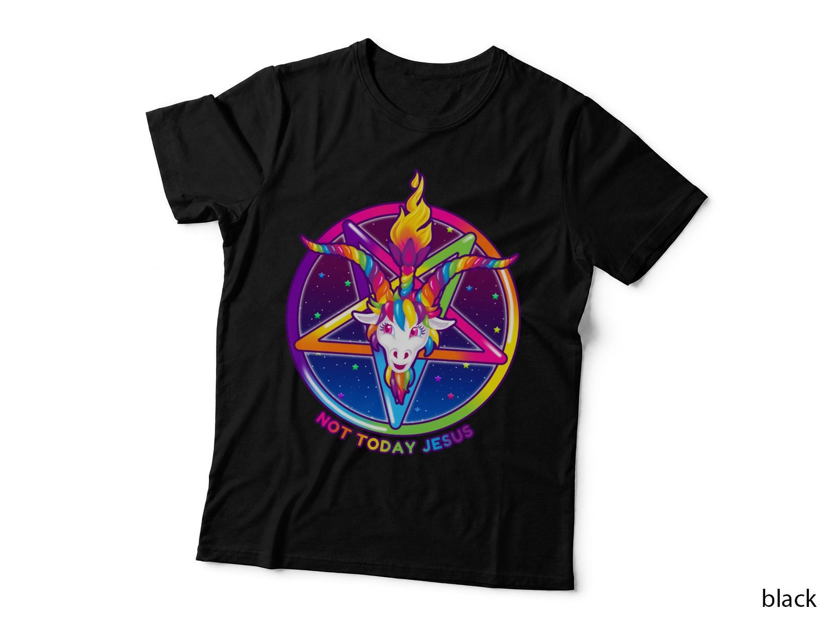 1997 Rainbow Neon Goat Head Pentagram Not Today Jesus T-Shirt