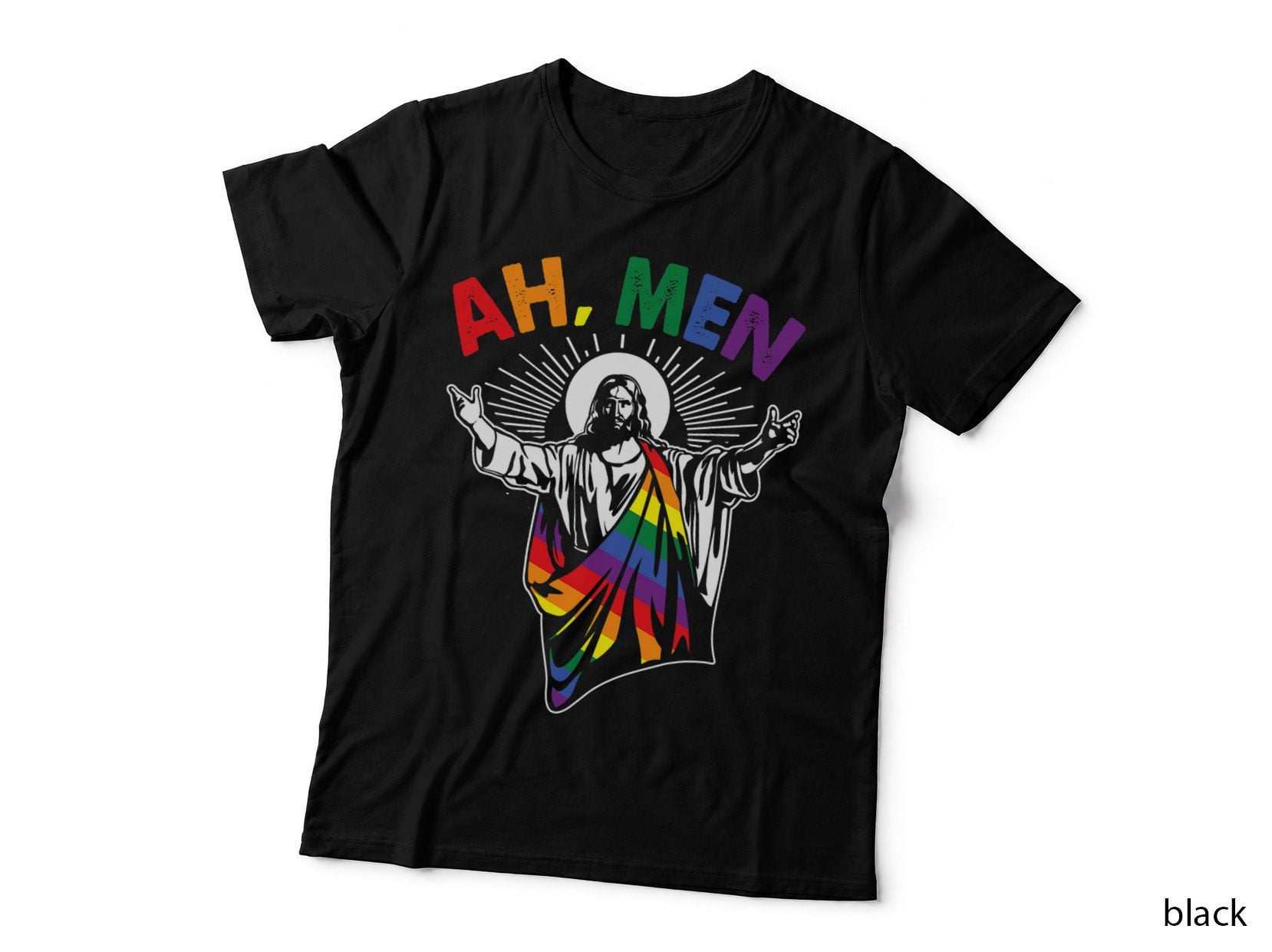 Ah Men Funny LGBT Gay Pride Jesus Rainbow Flag Christian T-Shirt