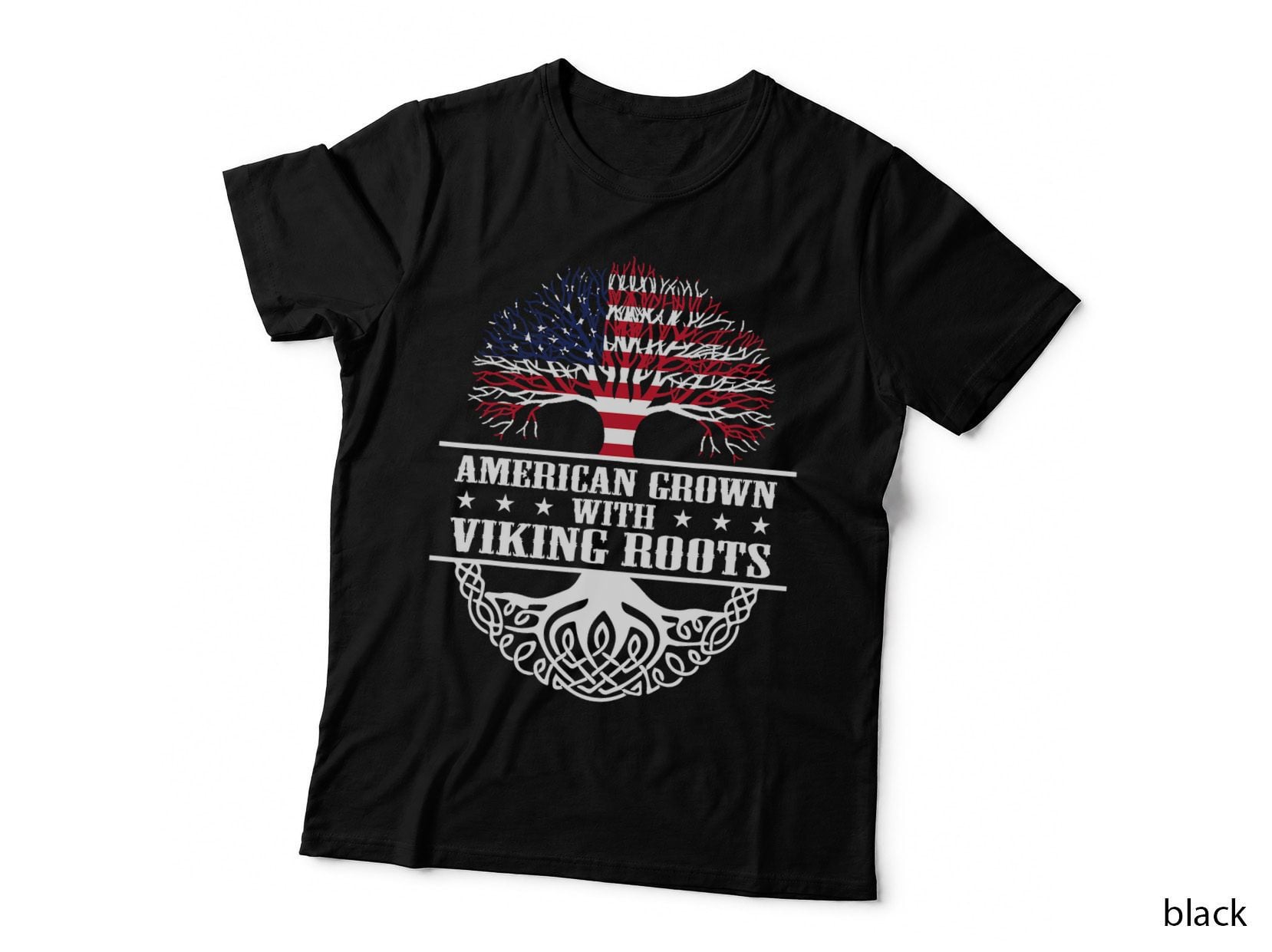 American Grown with Viking Roots Flag Tree Norse Knotwork T-Shirt