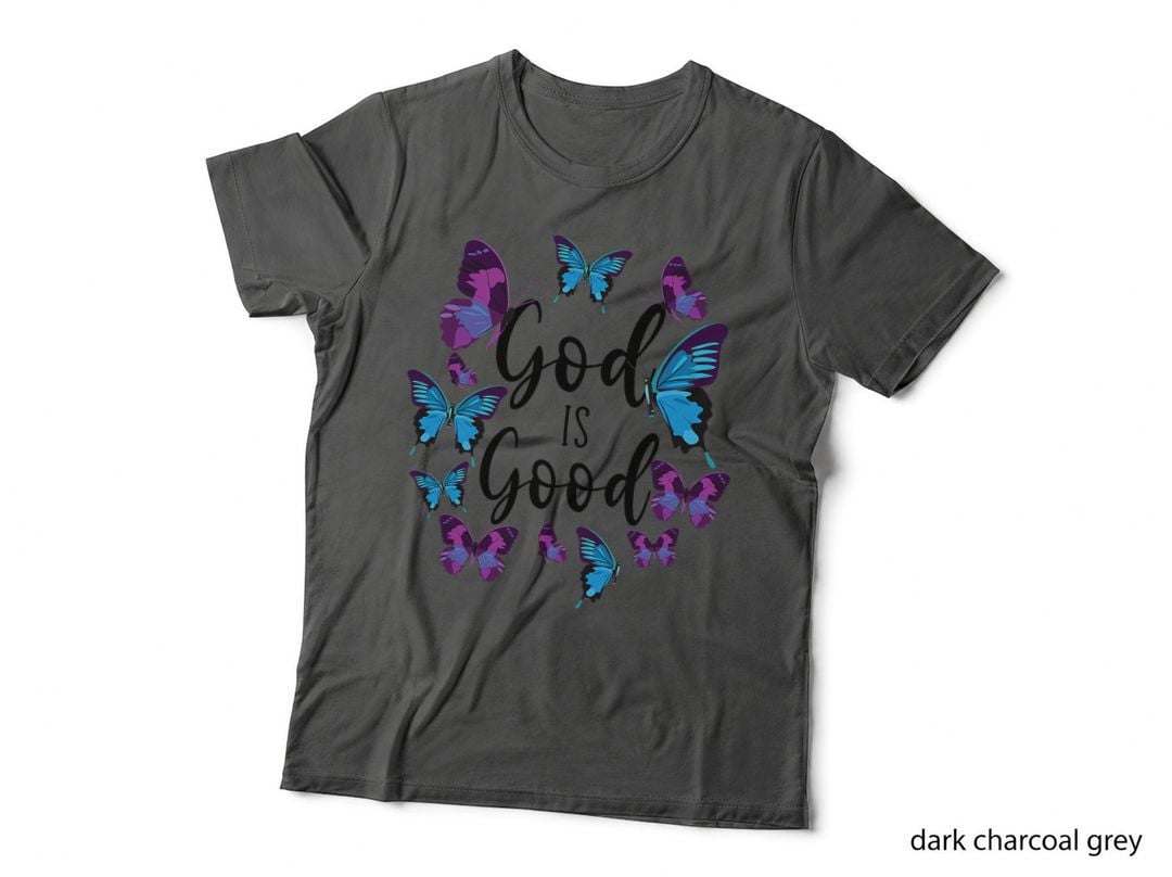God Is Good Tee, Blue Purple Butterfly Wreath, Christian Faith Quote Print