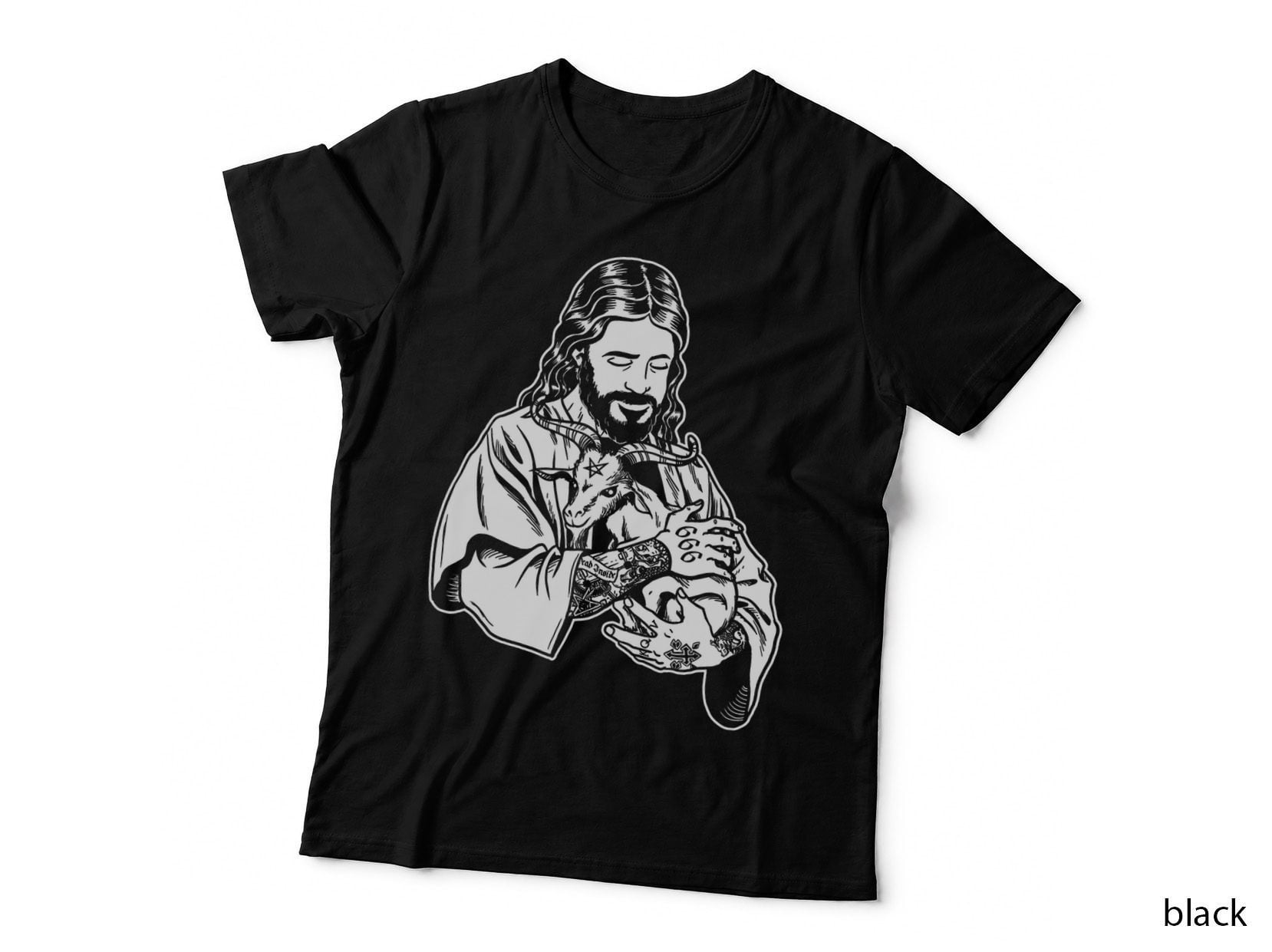 Jesus Holding Goat Baphomet Occult Satanic Tattooed Jesus T-Shirt