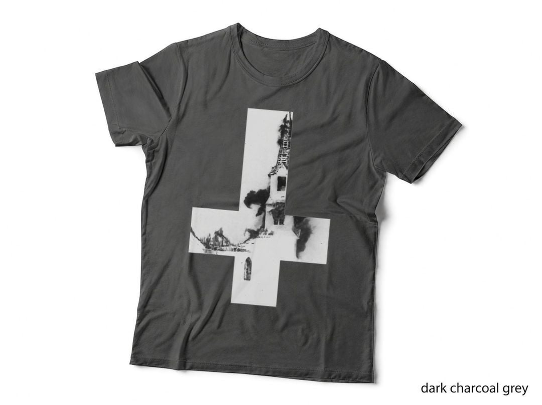 Occult Devil Satan Burning Church Upside Down Cross Death T-Shirt
